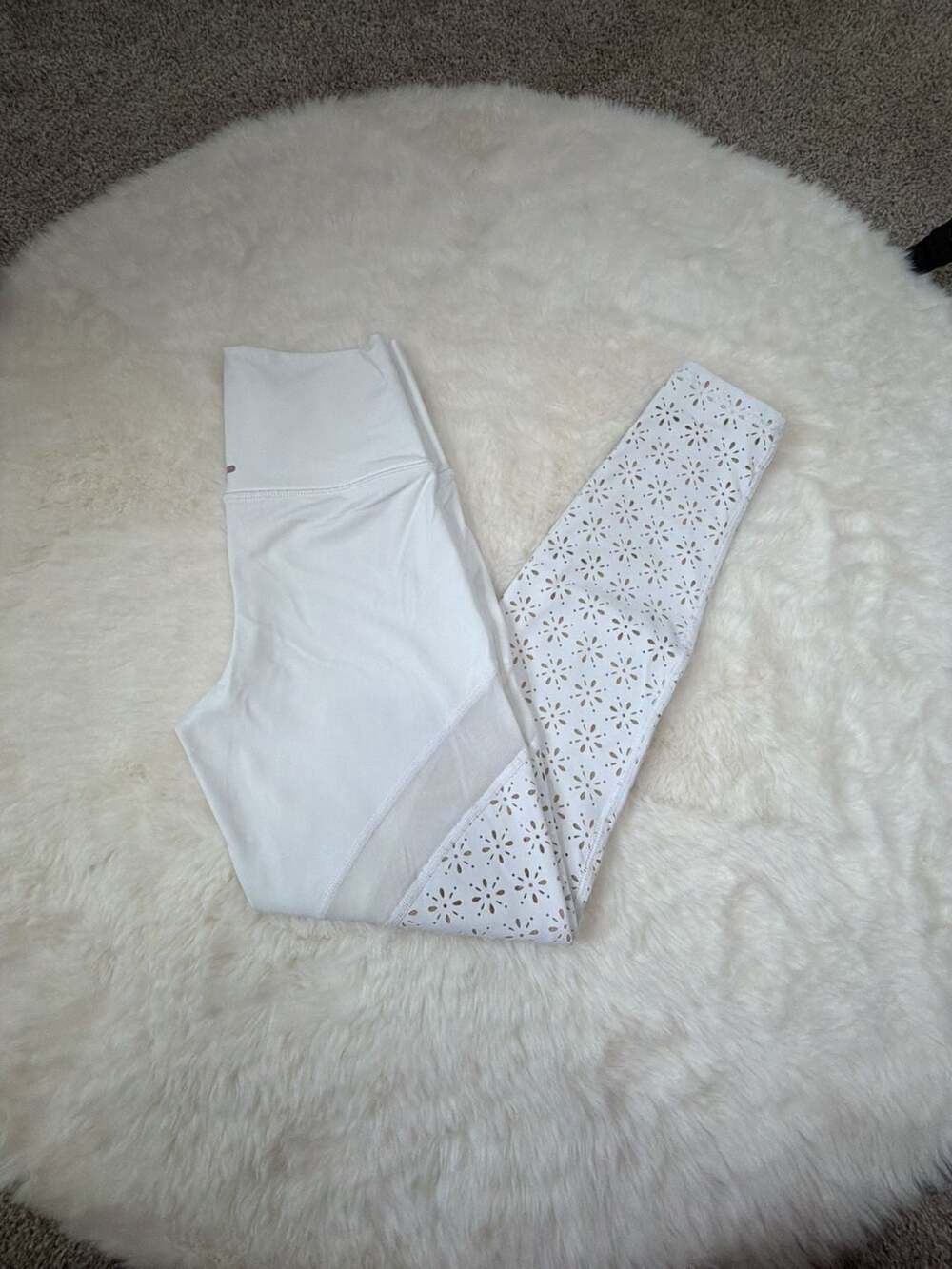 Aerie White High-Waisted Leggings with Laser-Cut Floral Mesh Detail